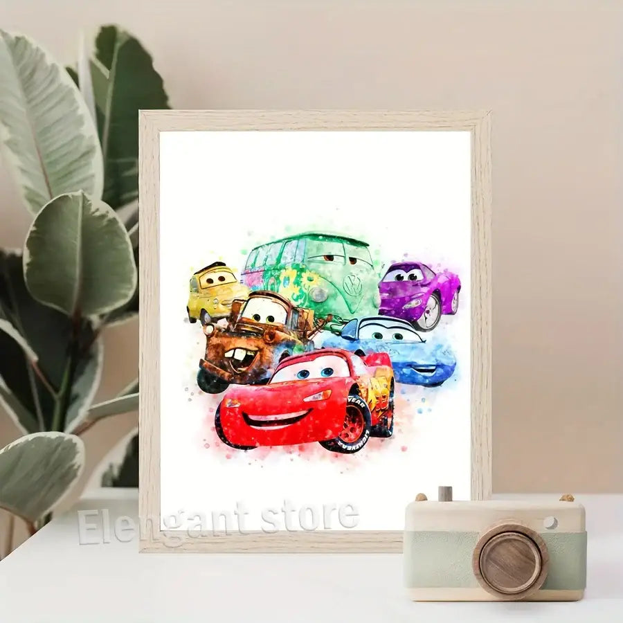 Watercolor-style framed print featuring colorful lightning mcqueen cartoon car art prints from decorbites™ collection