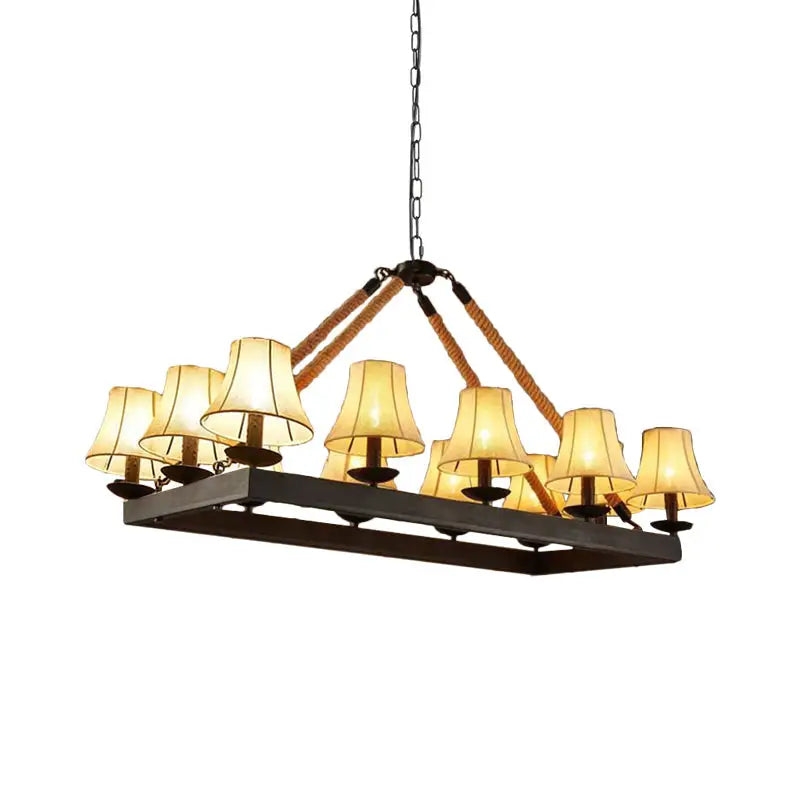 DecorBites™ Loft Style Black Fabric Island Lamp with 12 Lights, Rope Pendant, and Iron Rectangle Frame - Ideal for Restaurants
