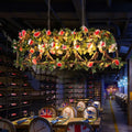 Rectangular loft style iron birdcage pendant light with artificial pink white roses green leaves and birds bulbs island lamp