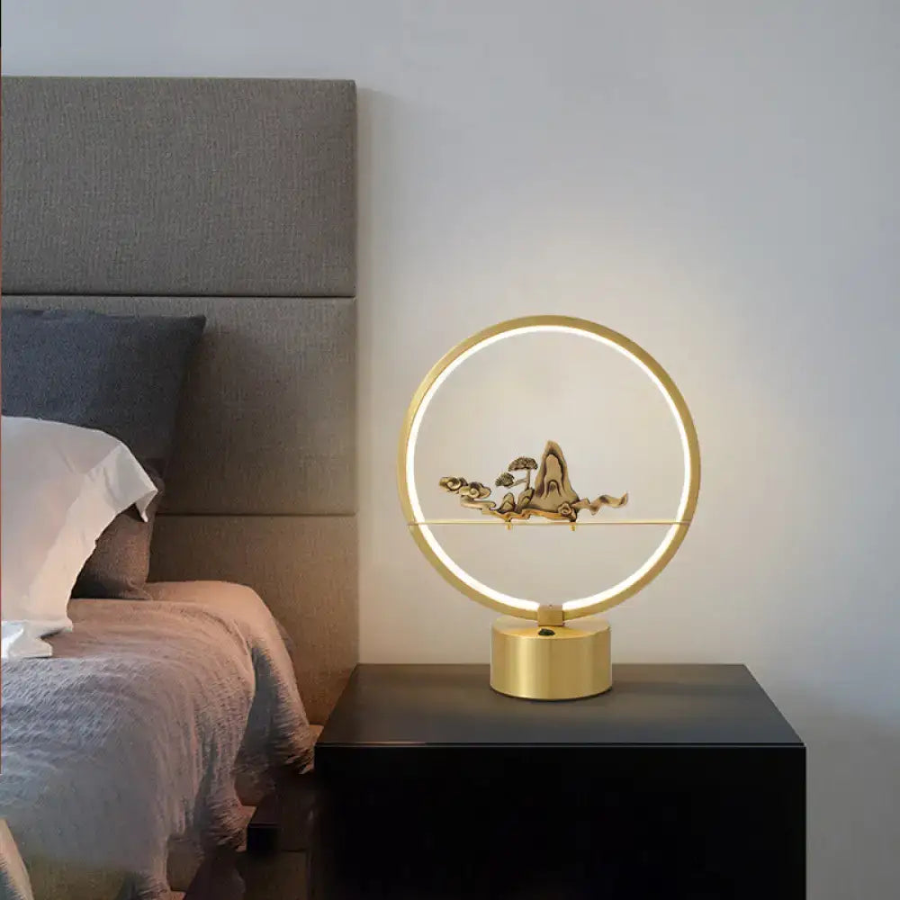 DecorBites™ Loop LED Table Light: Artistic Metal Brass Night Lamp with Carved Mountain Decor