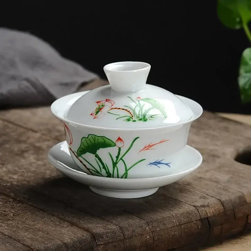 DecorBites™ Lotus Hand-Drawn Gaiwan Tea Set - White Porcelain Jingdezhen Teapot Puer Cup