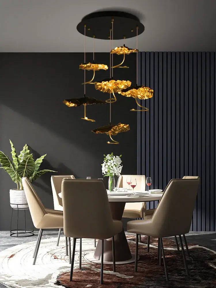 DecorBites™ Lotus Staircase LED Chandelier - Multi-Head Copper Black Gold Hanging Lamp