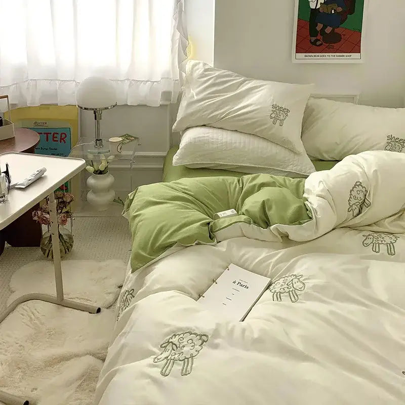 DecorBites™ Lovely Bear & Sheep Embroidered Bedding Set - Duvet Cover, Sheets, Pillowcase