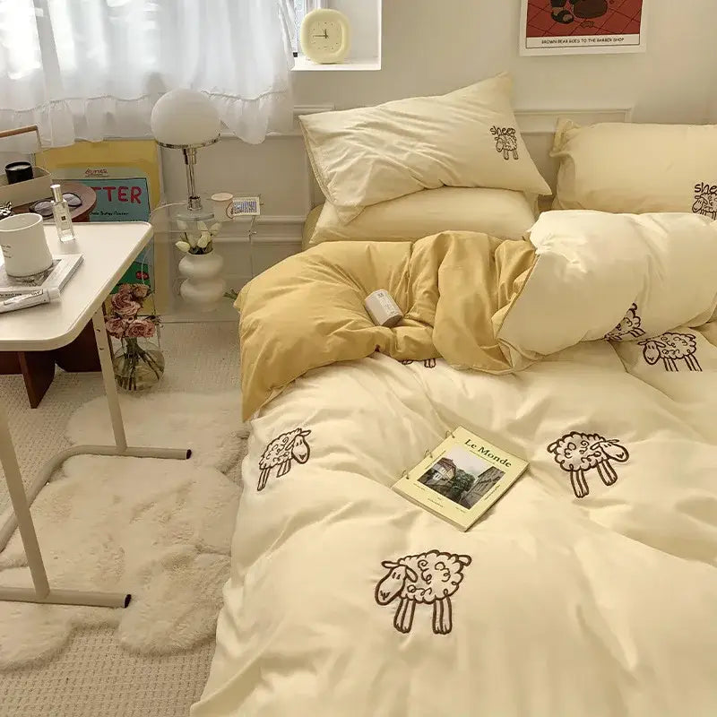 DecorBites™ Lovely Bear & Sheep Embroidered Bedding Set - Duvet Cover, Sheets, Pillowcase