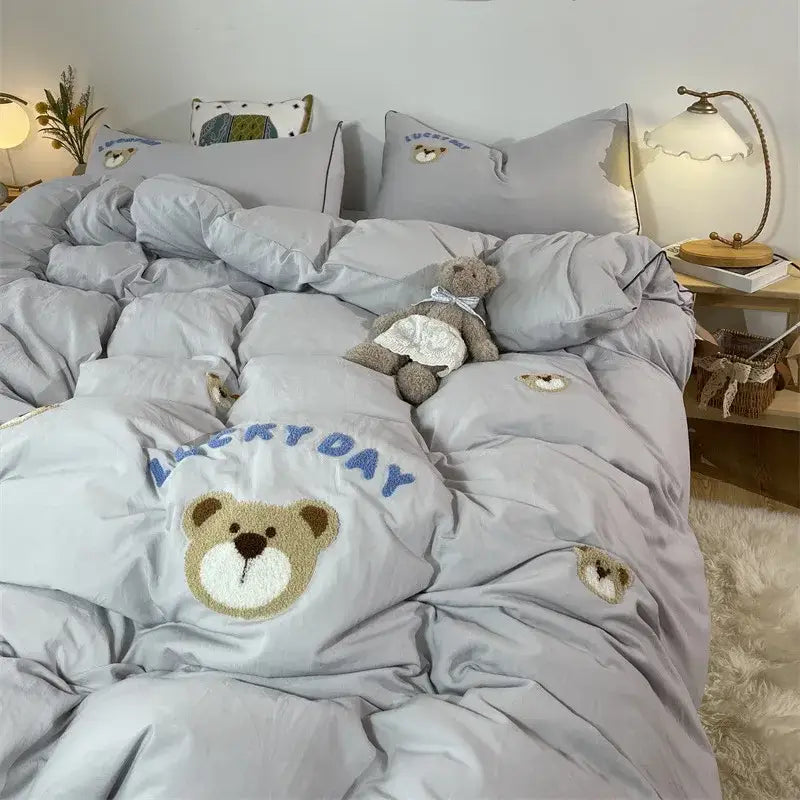 DecorBites™ Lovely Bear & Sheep Embroidered Bedding Set - Duvet Cover, Sheets, Pillowcase