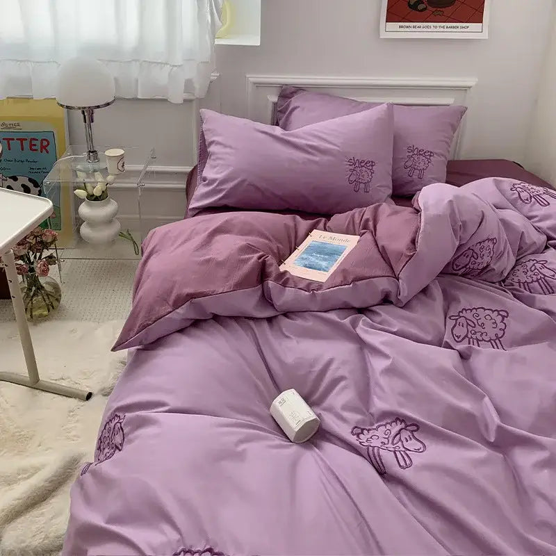 DecorBites™ Lovely Bear & Sheep Embroidered Bedding Set - Duvet Cover, Sheets, Pillowcase