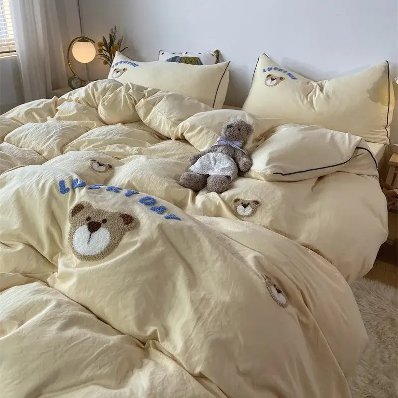 DecorBites™ Lovely Bear & Sheep Embroidered Bedding Set - Duvet Cover, Sheets, Pillowcase