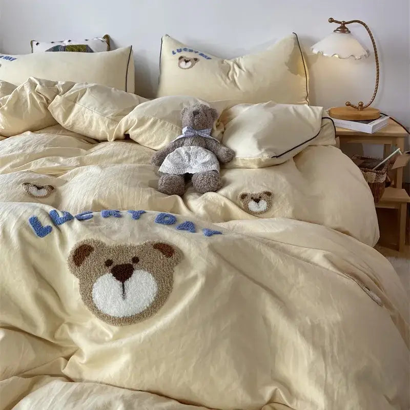 DecorBites™ Lovely Bear & Sheep Embroidered Bedding Set - Duvet Cover, Sheets, Pillowcase