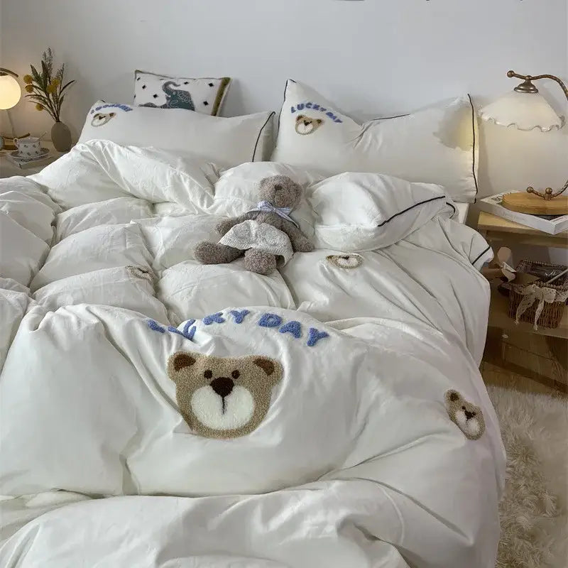 DecorBites™ Lovely Bear & Sheep Embroidered Bedding Set - Duvet Cover, Sheets, Pillowcase