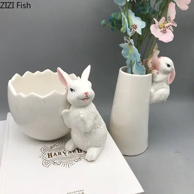 DecorBites™ Lovely Rabbit Ceramic Vase Pot for Floral Arrangement, Table Decor & Aesthetic Room Appeal