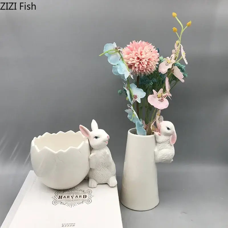 DecorBites™ Lovely Rabbit Ceramic Vase Pot for Floral Arrangement, Table Decor & Aesthetic Room Appeal
