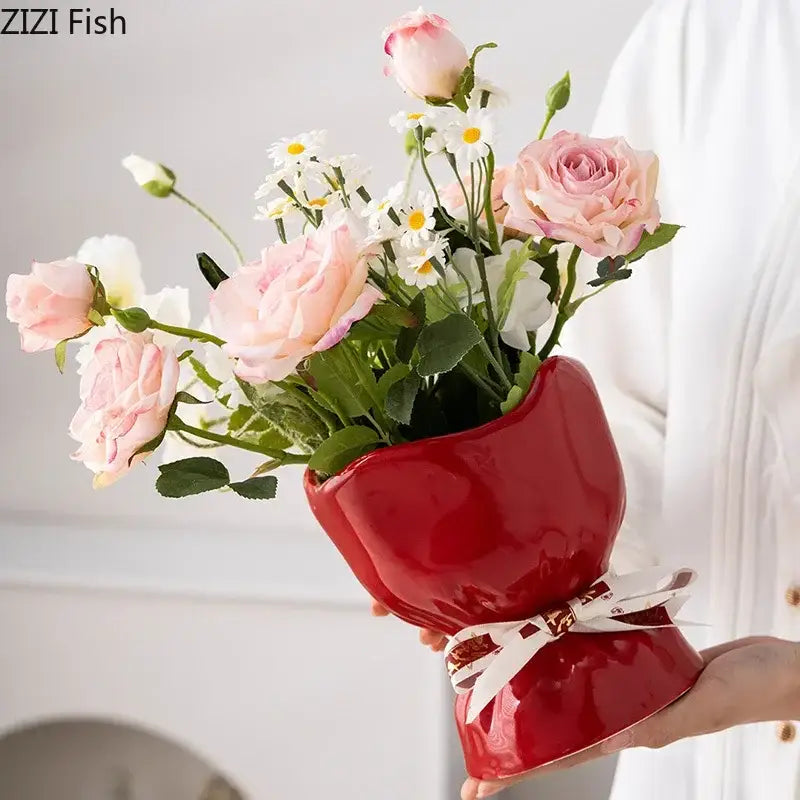DecorBites™ Lovely Ribbon Ceramic Vase Set for Cute Room Aesthetic Decor