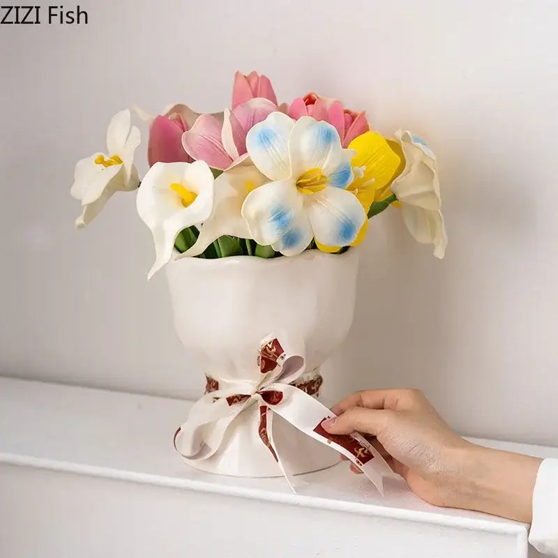 DecorBites™ Lovely Ribbon Ceramic Vase Set for Cute Room Aesthetic Decor