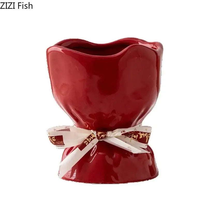 DecorBites™ Lovely Ribbon Ceramic Vase Set for Cute Room Aesthetic Decor
