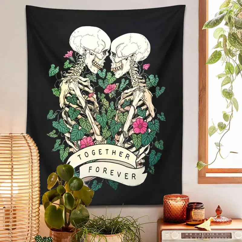 DecorBites™ Lover Skeleton Tapestry Wall Hanging With Rose Flower Psychedelic Boho Blanket
