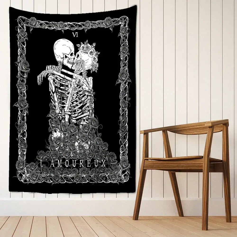 DecorBites™ Lovers Skull Tapestry Wall Hanging Black White Romantic Skeleton Home Decor