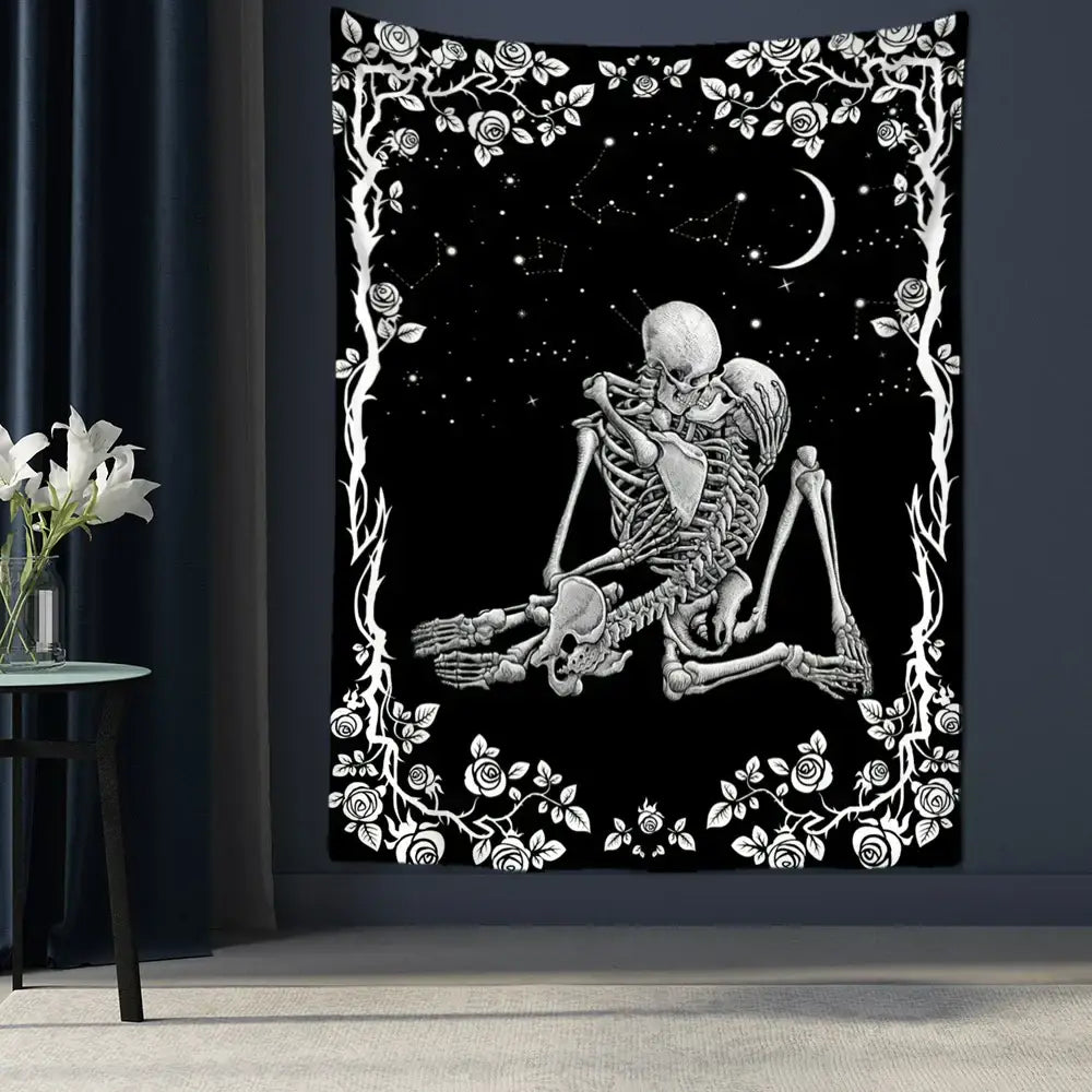 DecorBites™ Lovers Skull Tapestry Wall Hanging Black White Romantic Skeleton Home Decor