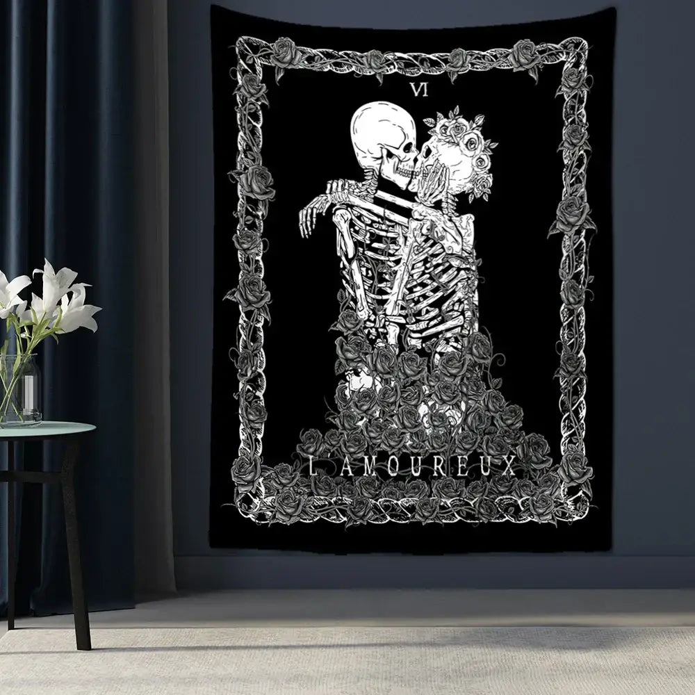 DecorBites™ Lovers Skull Tapestry Wall Hanging Black White Romantic Skeleton Home Decor