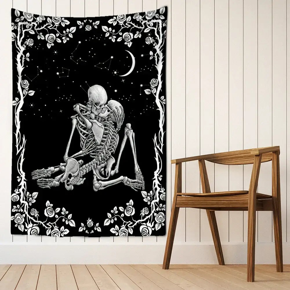 DecorBites™ Lovers Skull Tapestry Wall Hanging Black White Romantic Skeleton Home Decor