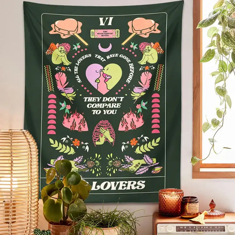 DecorBites™ Lovers Tapestry: Tarot Card Astrology Snake Moon Psychedelic Wall Hanging