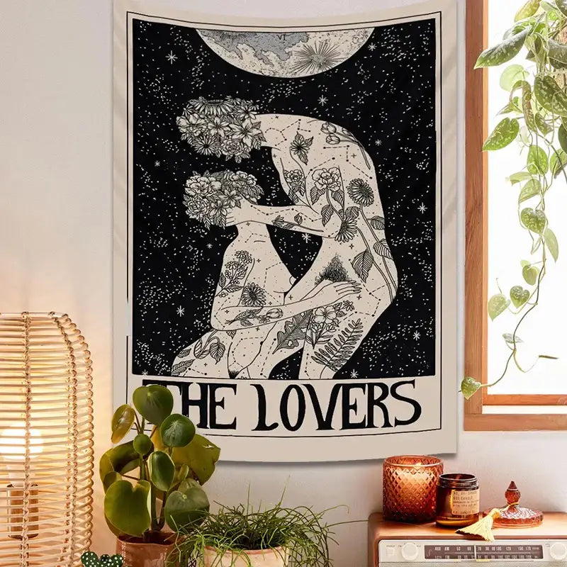 DecorBites™ Lovers Tarot Tapestry for Spiritual Wall Decor and Astrology Enthusiasts