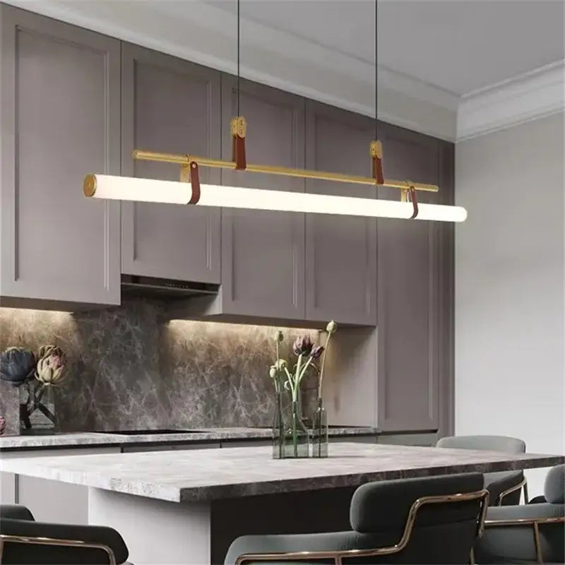 DecorBites™ Lucien Tube Chandelier Black Gold Leather Pendant Light Fixture