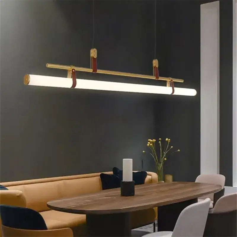 DecorBites™ Lucien Tube Chandelier Black Gold Leather Pendant Light Fixture