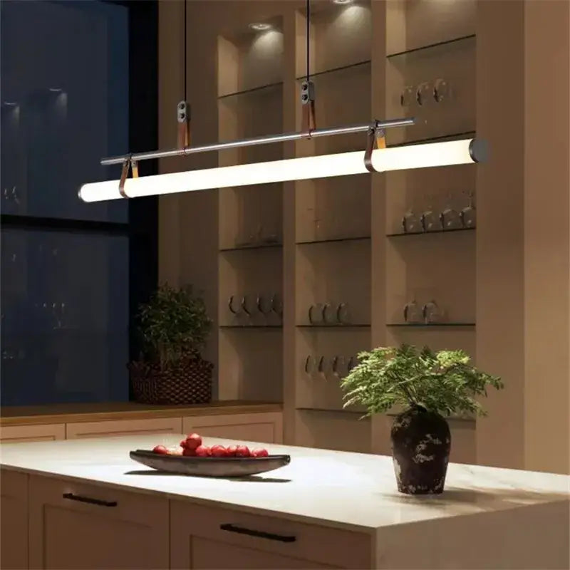 DecorBites™ Lucien Tube Chandelier Black Gold Leather Pendant Light Fixture