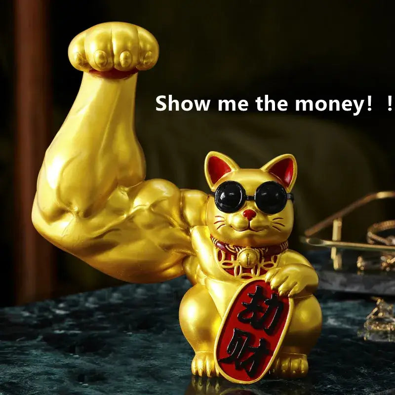 DecorBites™ Lucky Cat Figurine: Creative Muscle Arm Feng Shui Animal Decor for Home, Office, Shop