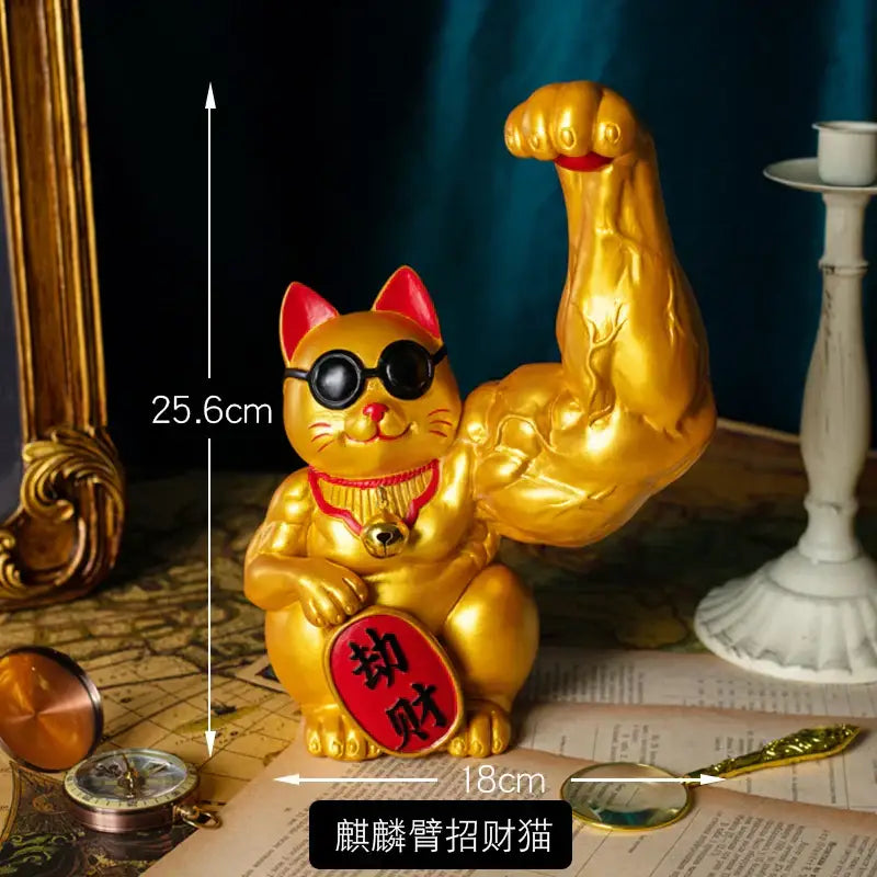 DecorBites™ Lucky Cat Figurine: Creative Muscle Arm Feng Shui Animal Decor for Home, Office, Shop