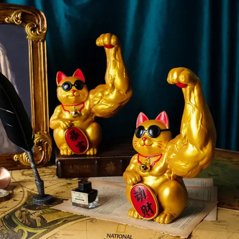 DecorBites™ Lucky Cat Figurine: Creative Muscle Arm Feng Shui Animal Decor for Home, Office, Shop