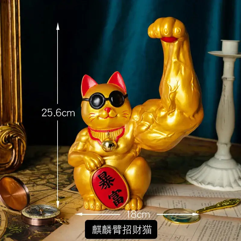 DecorBites™ Lucky Cat Figurine: Creative Muscle Arm Feng Shui Animal Decor for Home, Office, Shop