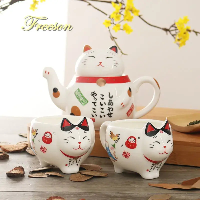 Service à thé en porcelaine Chat porte-bonheur DecorBites™ : théière Maneki Neko, infuseur, tasse à thé Chat Plutus