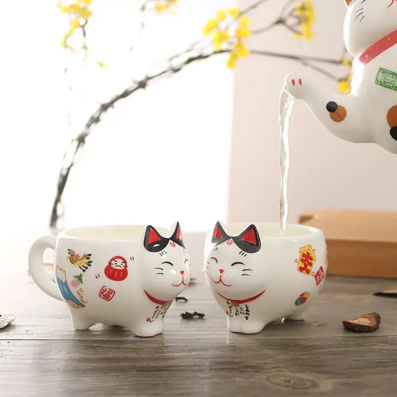 Service à thé en porcelaine Chat porte-bonheur DecorBites™ : théière Maneki Neko, infuseur, tasse à thé Chat Plutus