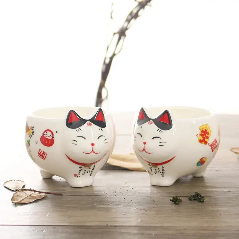 Service à thé en porcelaine Chat porte-bonheur DecorBites™ : théière Maneki Neko, infuseur, tasse à thé Chat Plutus