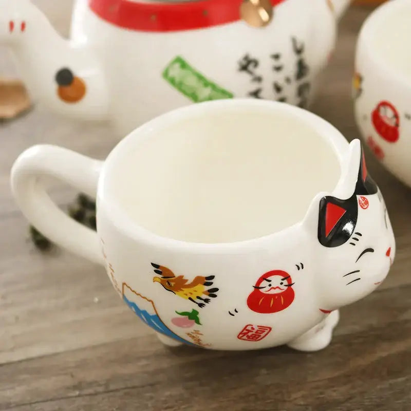 Service à thé en porcelaine Chat porte-bonheur DecorBites™ : théière Maneki Neko, infuseur, tasse à thé Chat Plutus