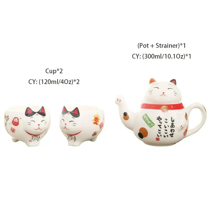 Service à thé en porcelaine Chat porte-bonheur DecorBites™ : théière Maneki Neko, infuseur, tasse à thé Chat Plutus