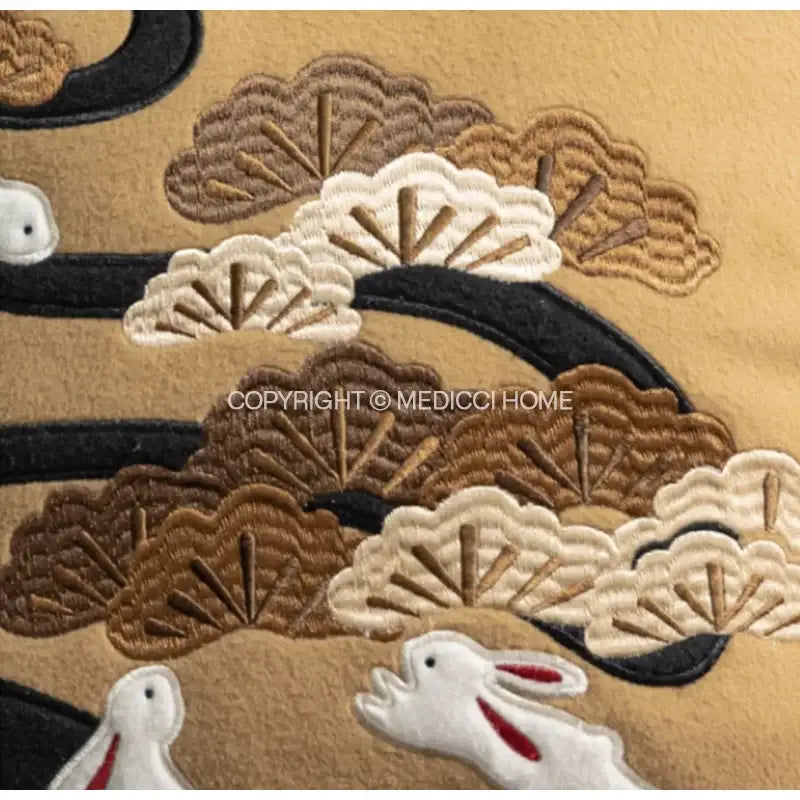 DecorBites™ Lucky Rabbit Pine Forests Embroidery Silk Velvet Pillowcase with Tassels