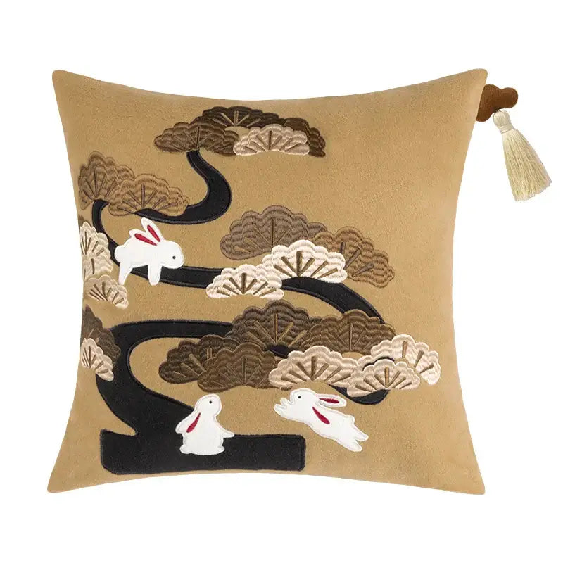 DecorBites™ Lucky Rabbit Pine Forests Embroidery Silk Velvet Pillowcase with Tassels