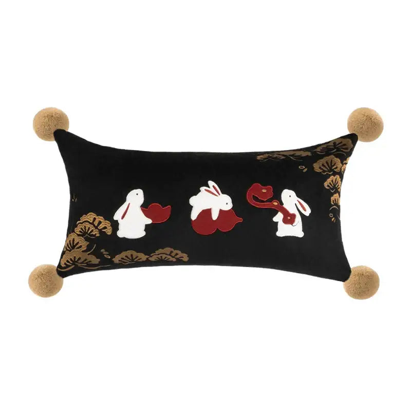 DecorBites™ Lucky Rabbit Pine Forests Embroidery Silk Velvet Pillowcase with Tassels