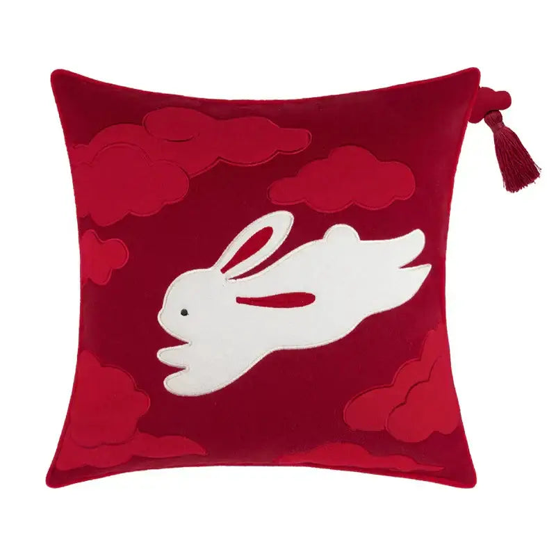 DecorBites™ Lucky Rabbit Pine Forests Embroidery Silk Velvet Pillowcase with Tassels