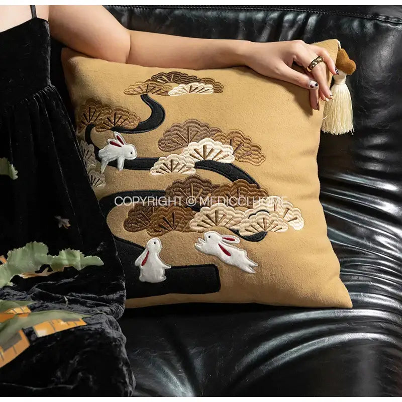 DecorBites™ Lucky Rabbit Pine Forests Embroidery Silk Velvet Pillowcase with Tassels