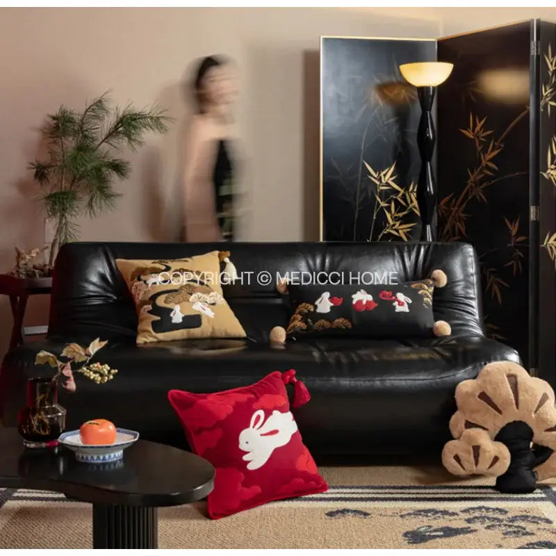 DecorBites™ Lucky Rabbit Pine Forests Embroidery Silk Velvet Pillowcase with Tassels