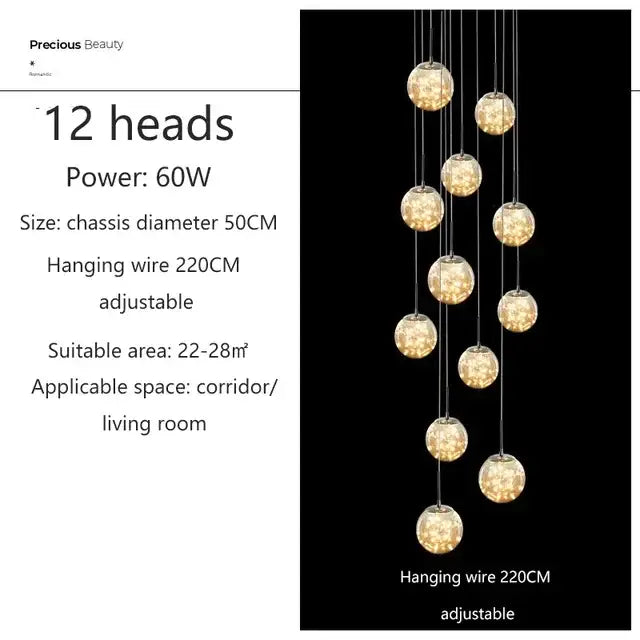 DecorBites™ Luminous Glass Ball Pendant Chandeliers for Living Dining Room Decor LED Lighting