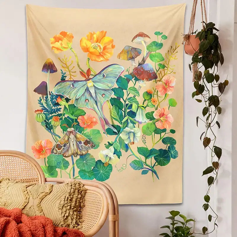 DecorBites™ Luna Moth Tapestry: Psychedelic Botanical Wall Hanging for Home Decor