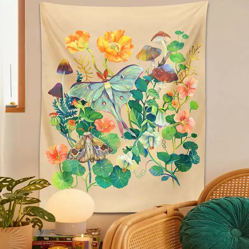DecorBites™ Luna Moth Tapestry: Psychedelic Botanical Wall Hanging for Home Decor