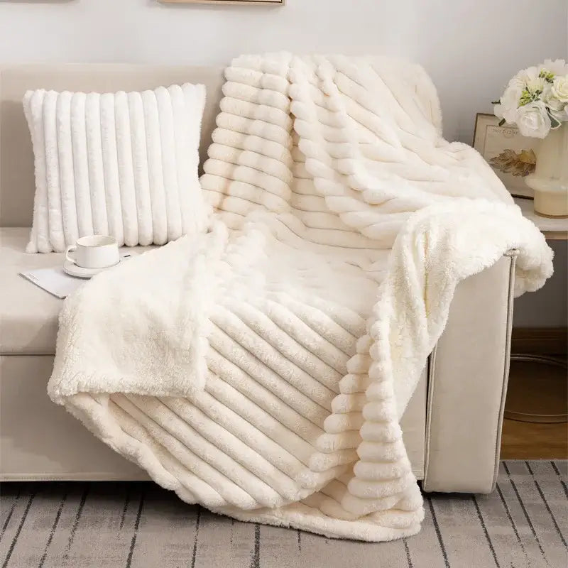 DecorBites™ Luxe Faux-Rabbit Fur Double-Layer Blanket for Cozy Autumn-Winter Comfort
