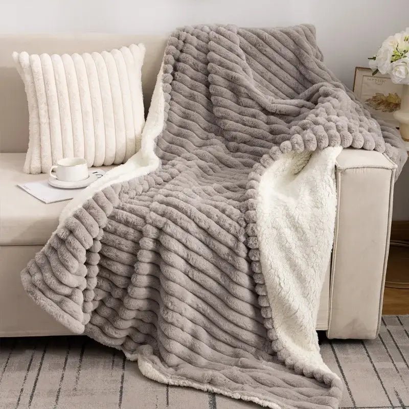 DecorBites™ Luxe Faux-Rabbit Fur Double-Layer Blanket for Cozy Autumn-Winter Comfort
