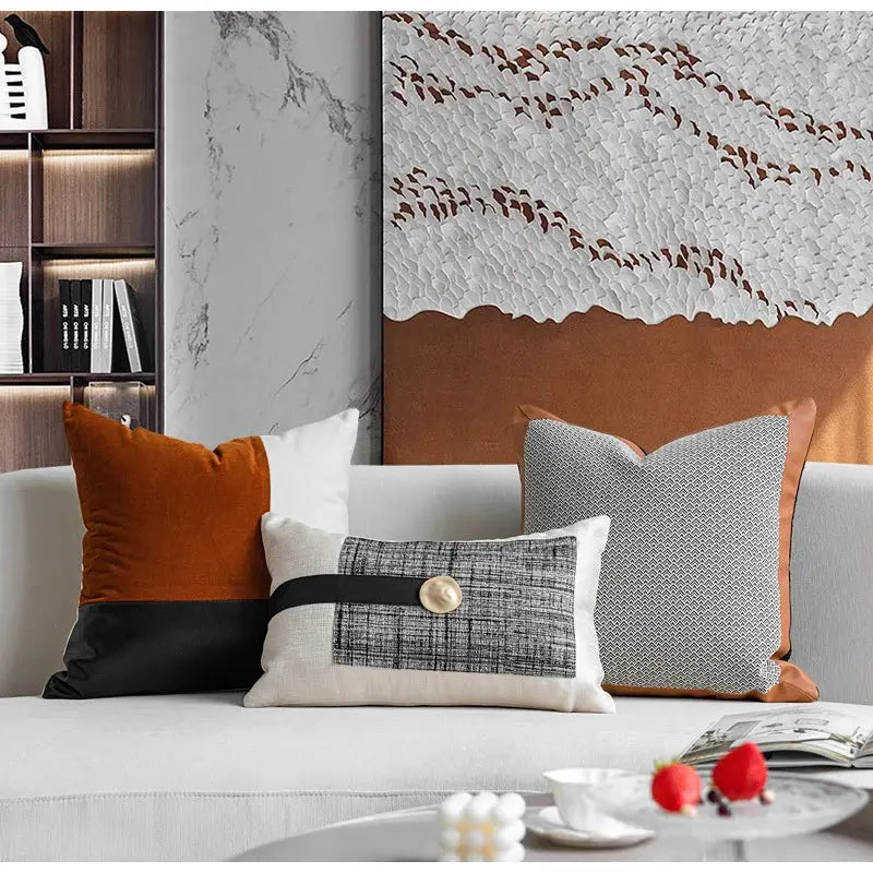 DecorBites™ Luxe Flannelette Leather Patchwork Cushion Covers for Modern Home Decor