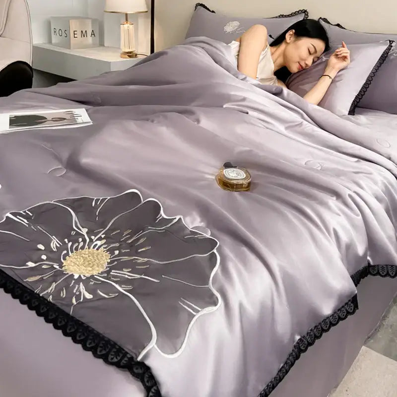 DecorBites™ Luxe Flower Embroidered Cool Quilt Set - Lightweight, Silky, High-End Comfort